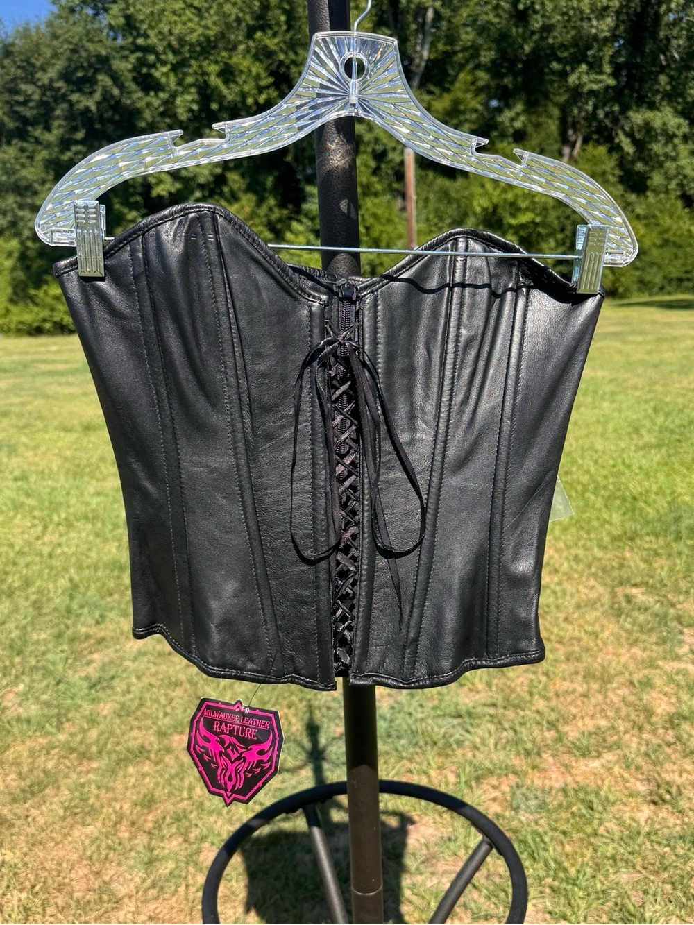 Ladies Milwaukee Leather Black Lace-Up Leather Corset and Hair Glove